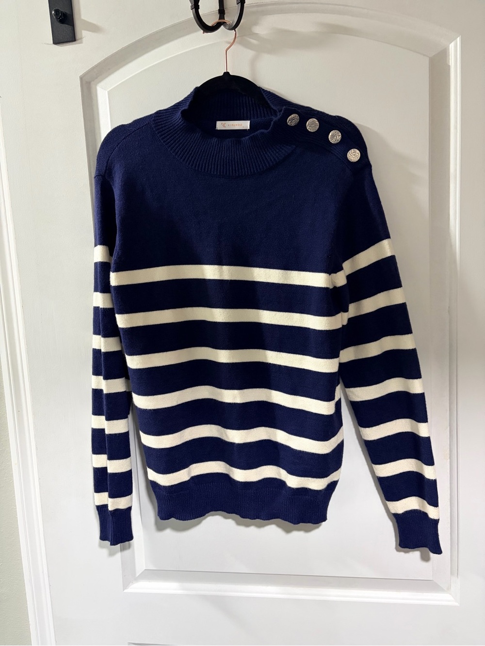 Kirundo Navy & White Striped Crewneck Sweater with Shoulder Buttons. Size M.